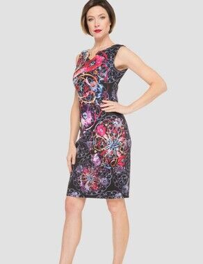 Joseph Ribkoff Black Sheath Dress with Pink & Purple Floral Medallions Sz 10